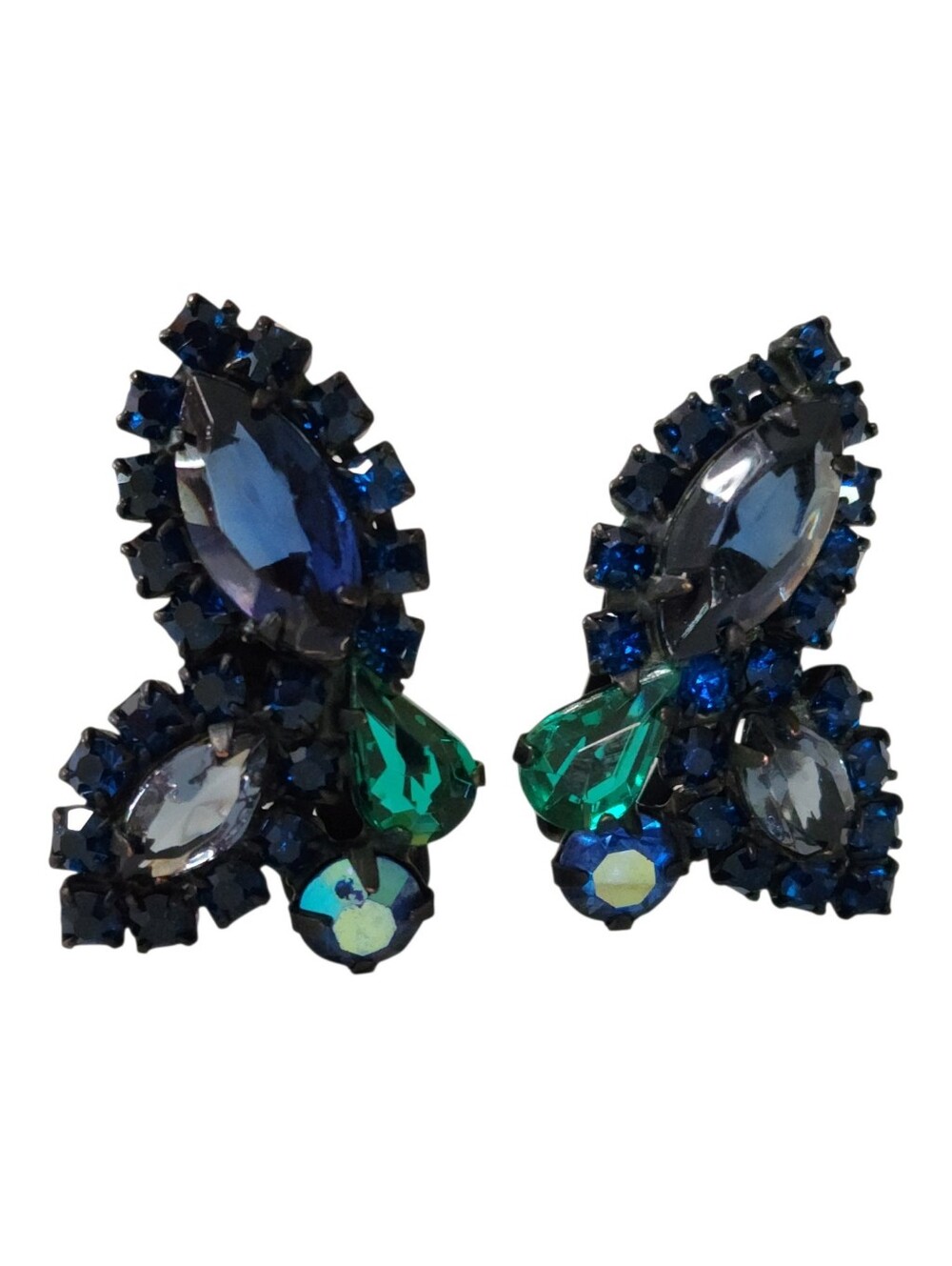 Weiss Climber Earring Dark Jewel Tone Color Rhinestone Couture Signed 60s Black